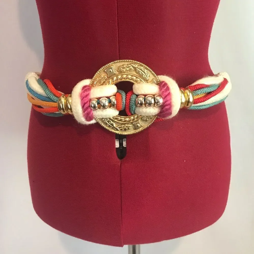 Bohemian Style Vibrant Multicolor Rope Belt Gold & Silver Details 32